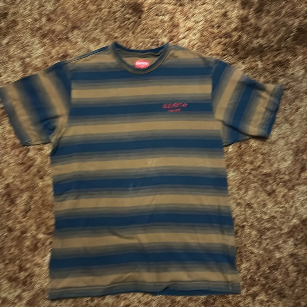 Brown and Navy Blue Striped Supreme Short Sleeve Shirt. Size Large.